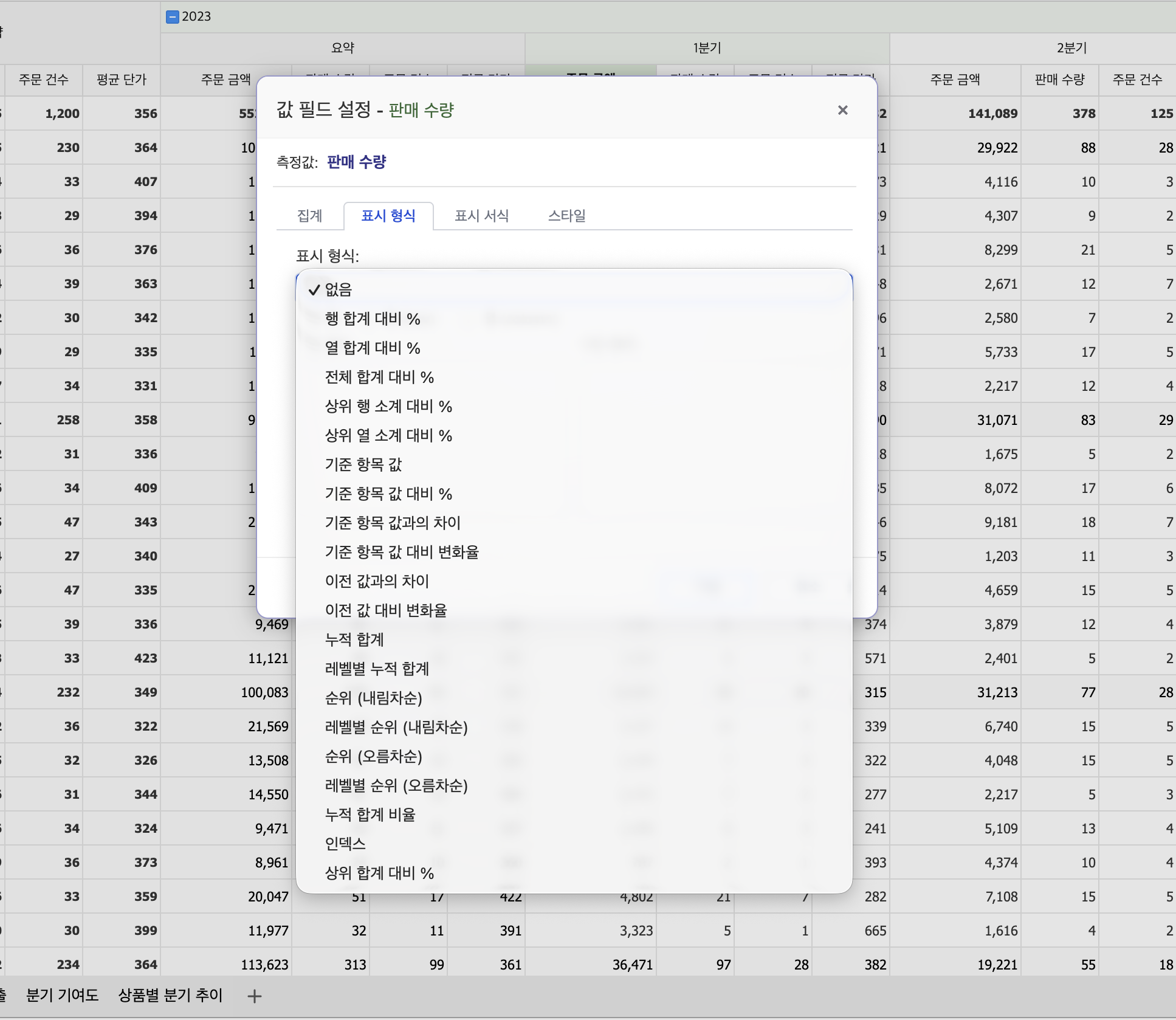 값 필드 설정 — 같은 집계, 다른 관점